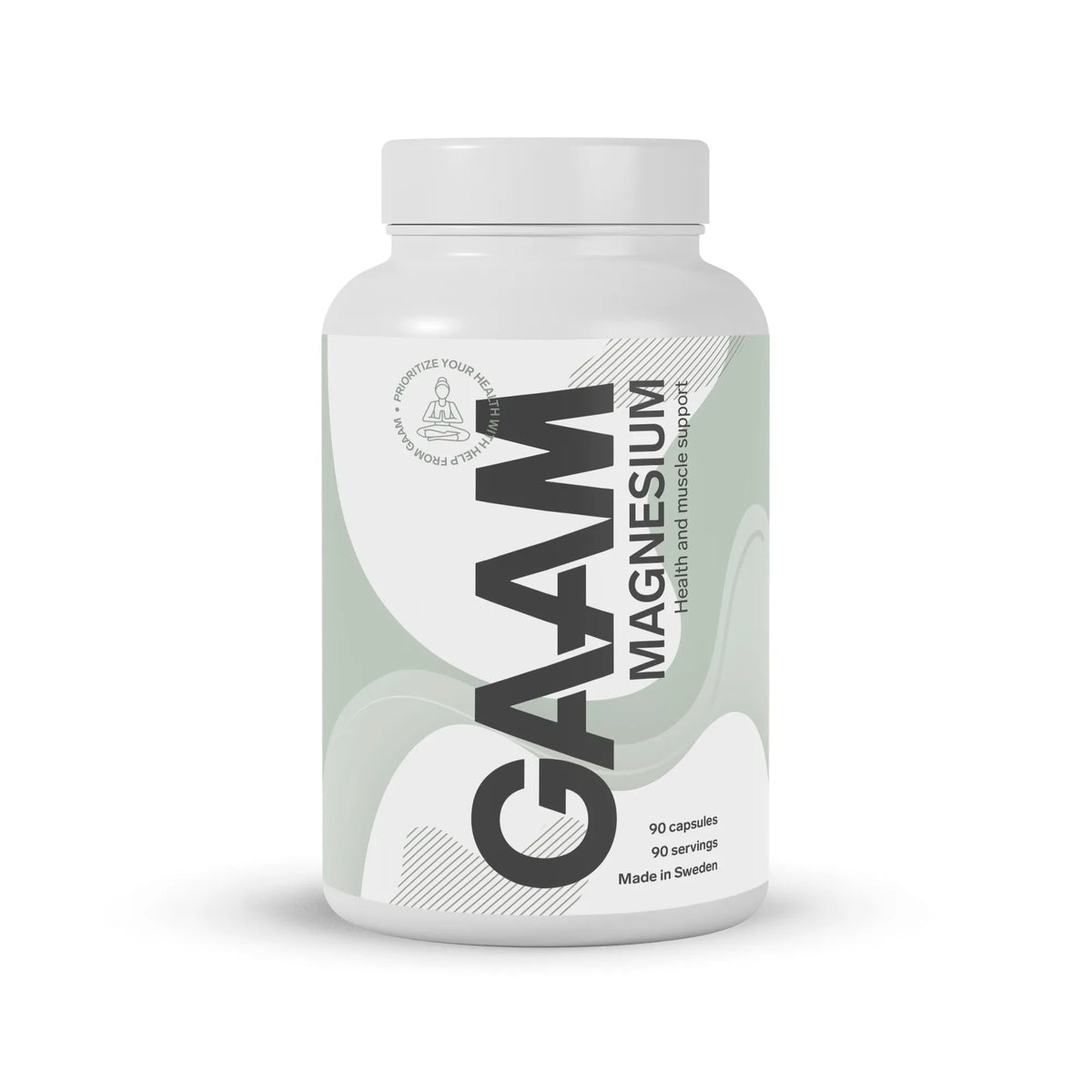 GAAM Magnesium 90 caps i en vit burk med ljusgröna och vita grafiska detaljer på etiketten.