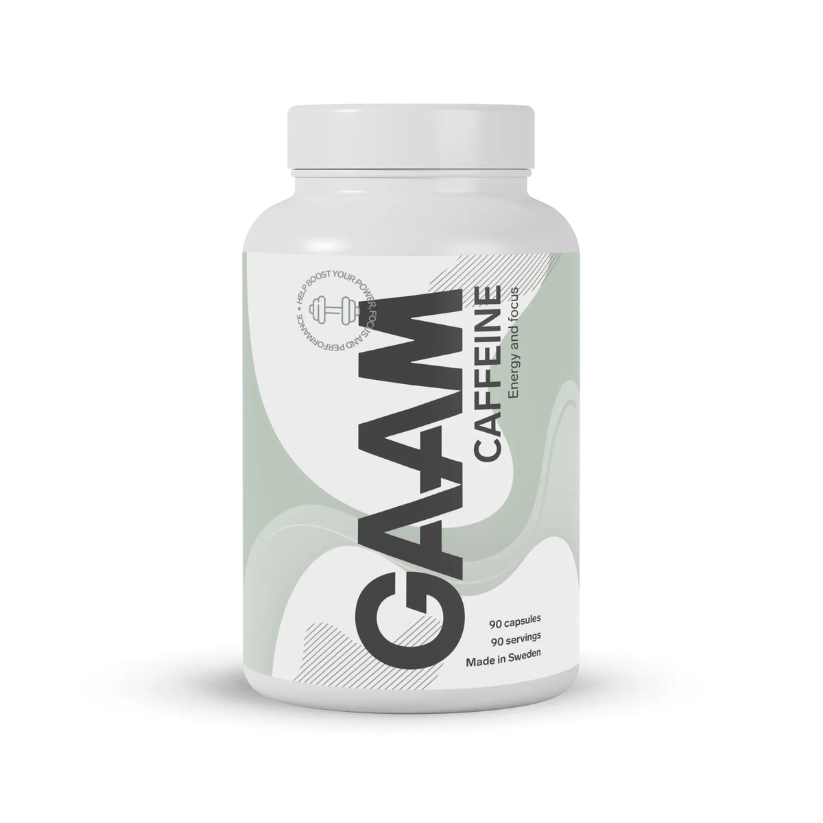 En vit burk med GAAM Caffeine 90 tabs koffeintabletter, prydd med gråa och gröna grafiska detaljer., bild 1 av 1