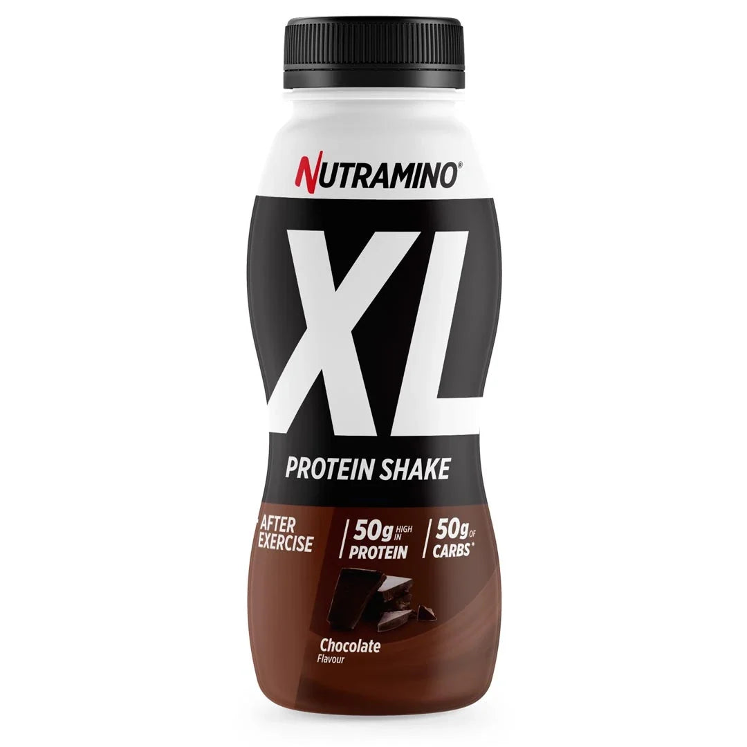 Nutramino Protein XL Shake 475 ml färdigblandad proteinshake i en svart, vit och brun flaska för smaken Choklad.
