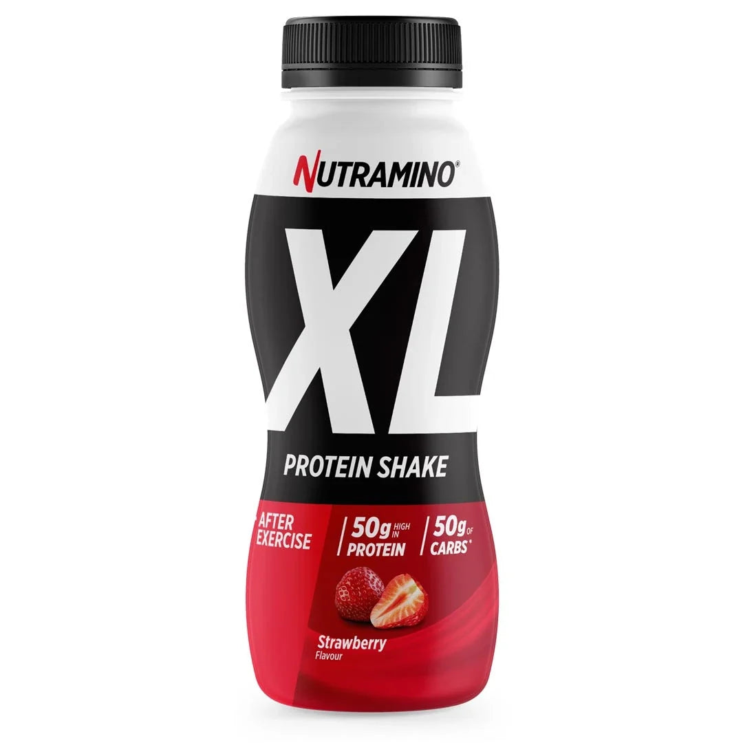 Nutramino Protein XL Shake 475 ml proteinshake i en svart, vit och röd flaska för smaken Jordgubb.