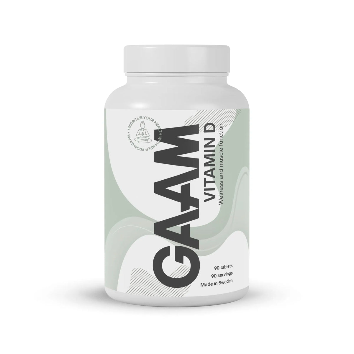 GAAM Vitamin-D 90 tabs kosttillskott i en vit burk med ljusgröna detaljer.