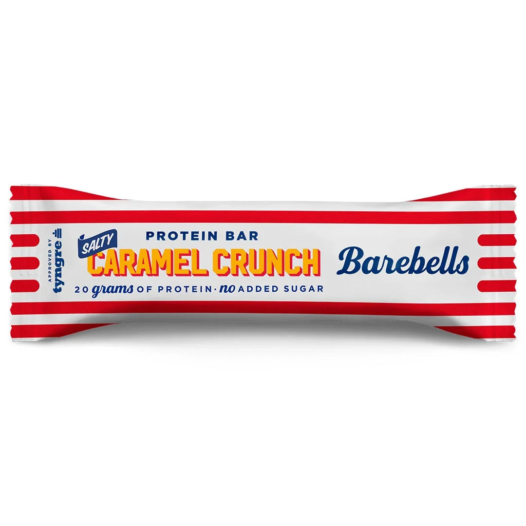 Barebells Soft protein bar 55 g i en vit förpackning med röda ränder för smaken Salty Caramel Crunch., bild 12 av 21
