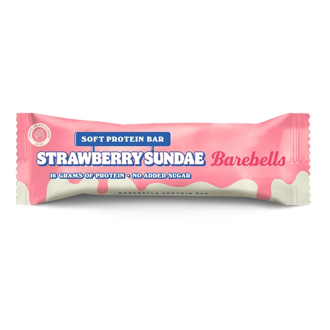 Barebells Soft protein bar 55 g i en rosa och vit förpackning för smaken Strawberry Sundae., bild 18 av 21