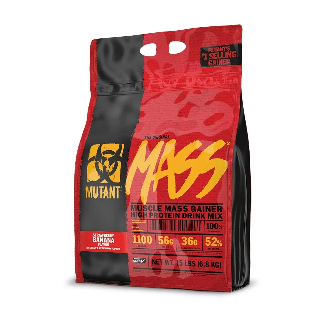 Mutant Mass 6.8 kg gainer i en röd och svart påse med gula detaljer för smaken Strawberry Banana., bild 2 av 4