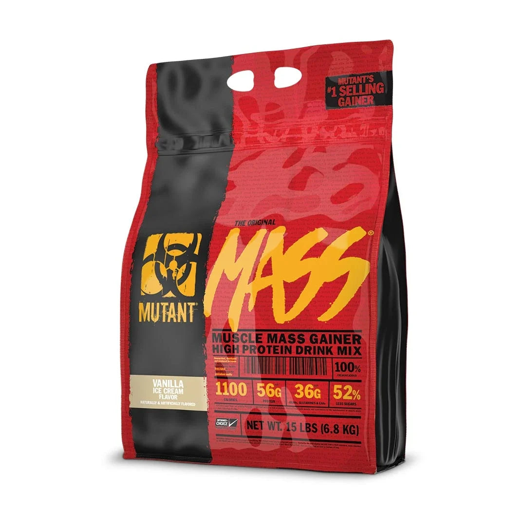 Mutant Mass 6.8 kg gainer i en röd och svart påse med gula detaljer för smaken Vanilla Ice Cream., bild 1 av 4