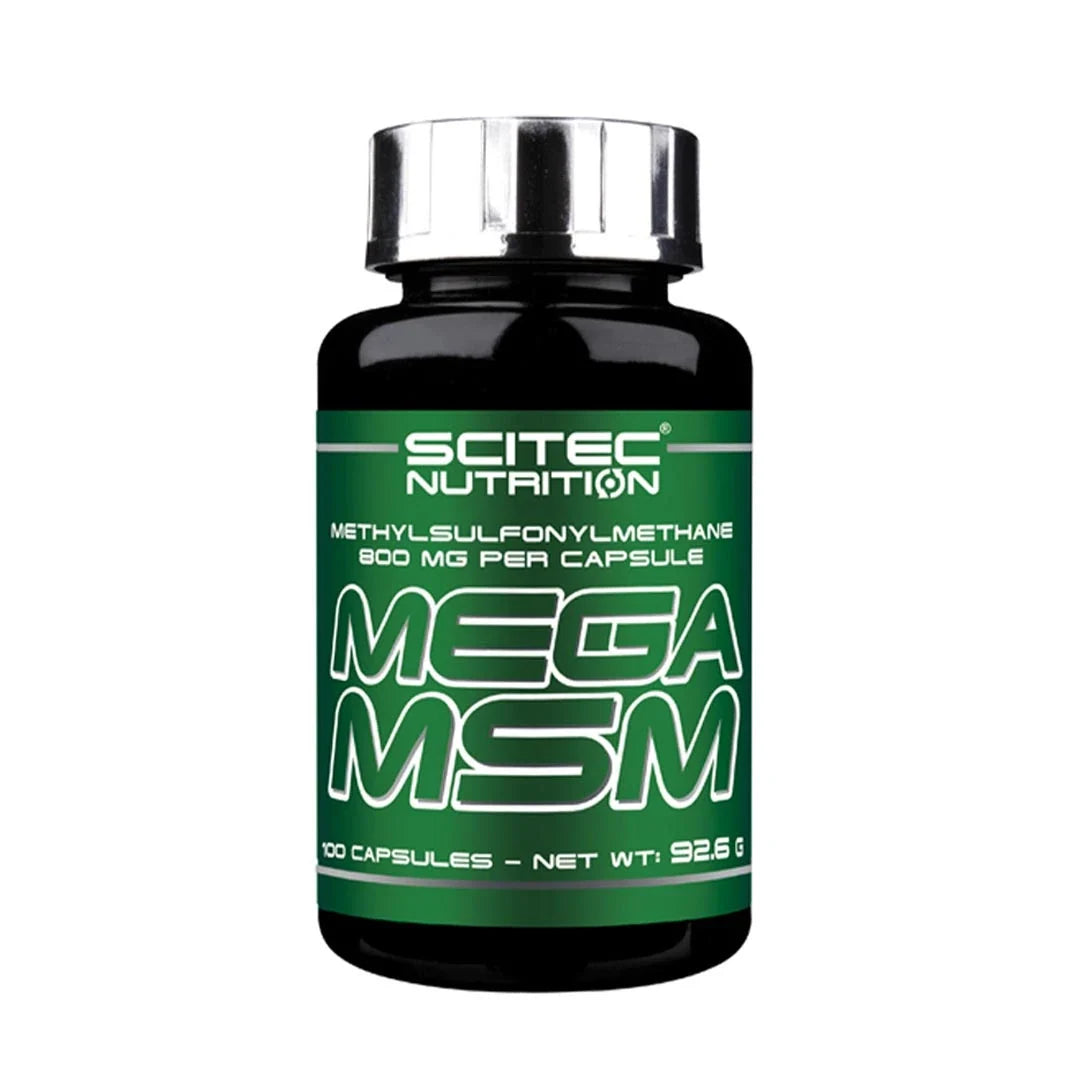 Svart burk med grön etikett innehållande Scitec Nutrition Mega MSM 100 caps, ett kosttillskott för leder.