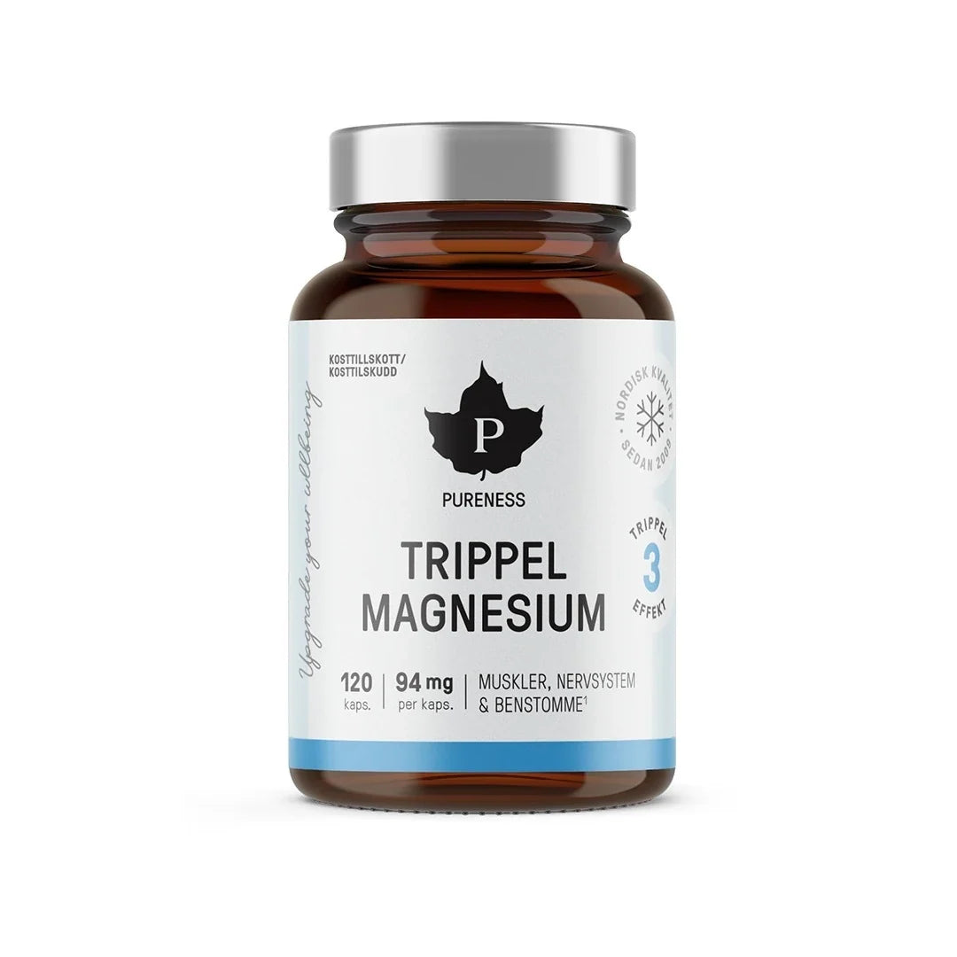 Brun burk med silvrigt lock innehållande Pureness Trippel Magnesium 120 caps, med vit etikett och svarta detaljer., bild 1 av 1