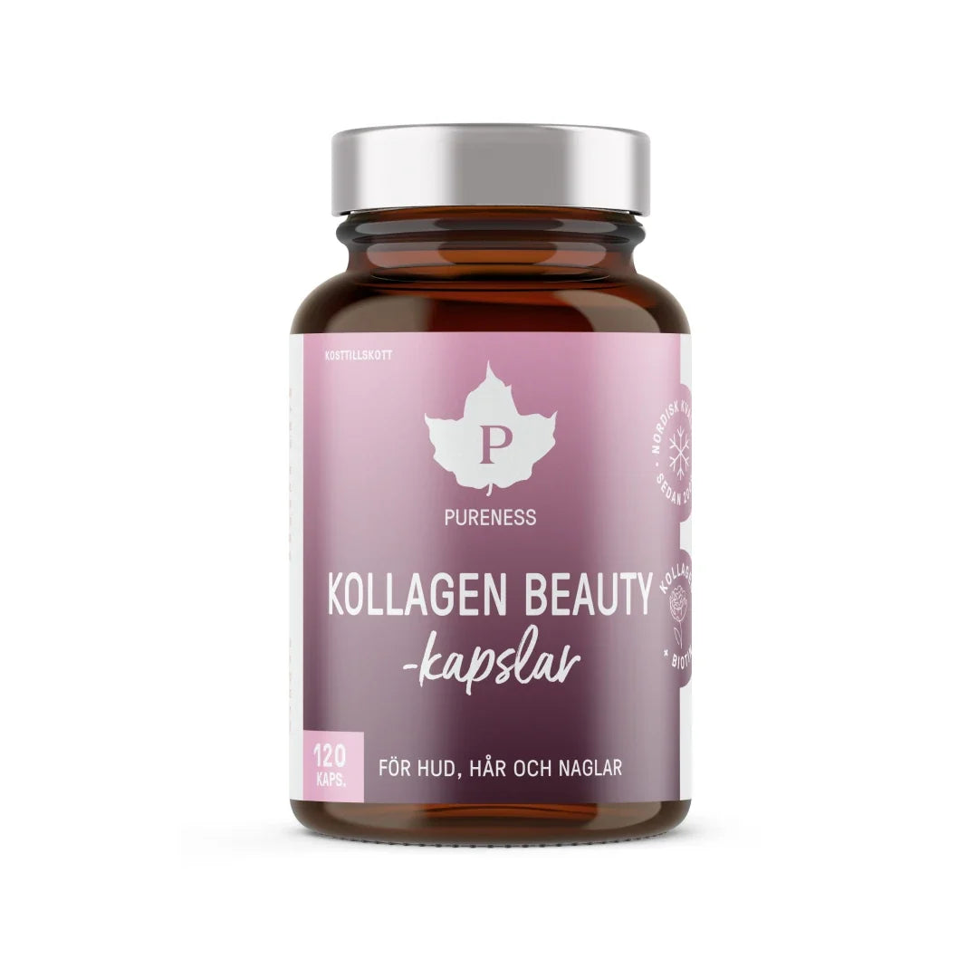 Pureness Kollagen Beauty 120 caps i en mörkbrun burk med silverlock och rosa etikett.