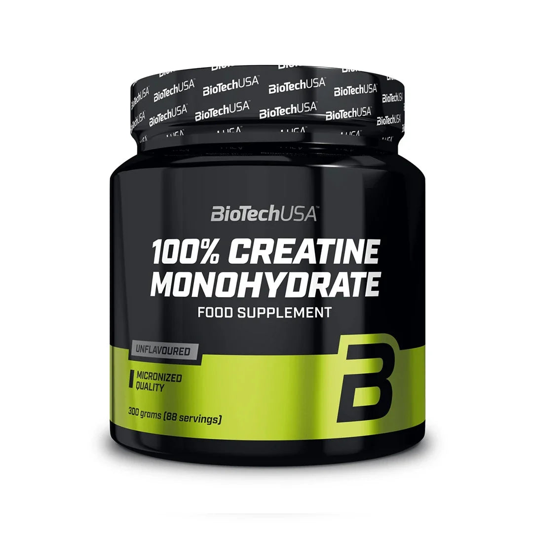 BioTechUSA 100% Creatine Monohydrate 300 g, ett naturellt kreatinpulver förpackat i en svart burk med gröna detaljer., bild 1 av 1