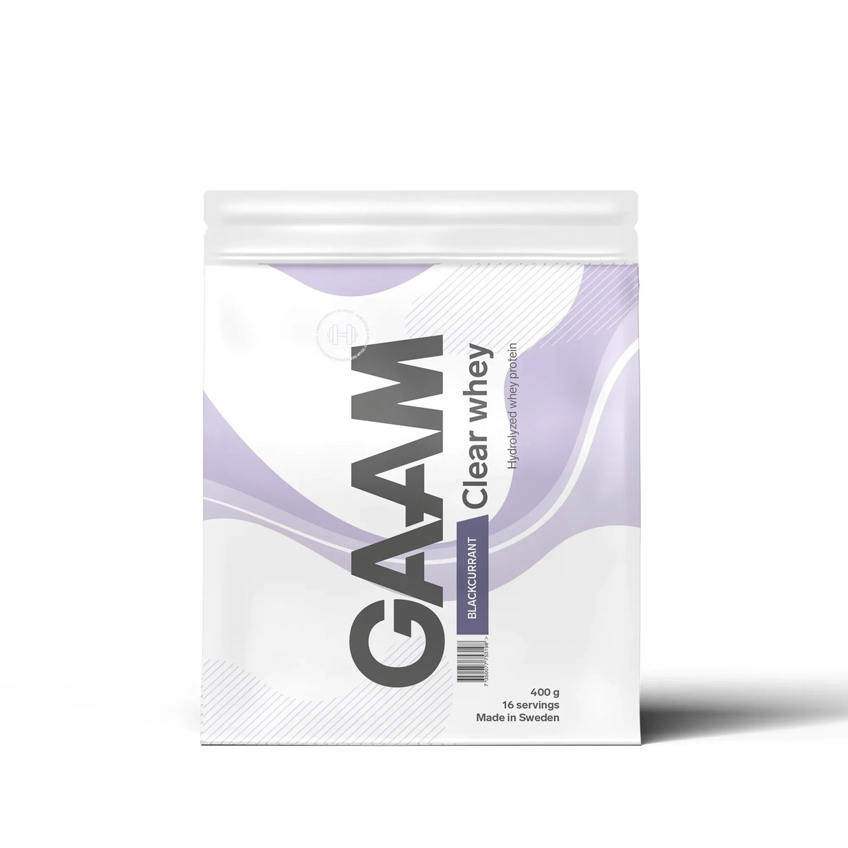 GAAM Clear Whey 400 g proteinpulver i en vit påse med lila detaljer för smaken Blackcurrant., bild 1 av 4
