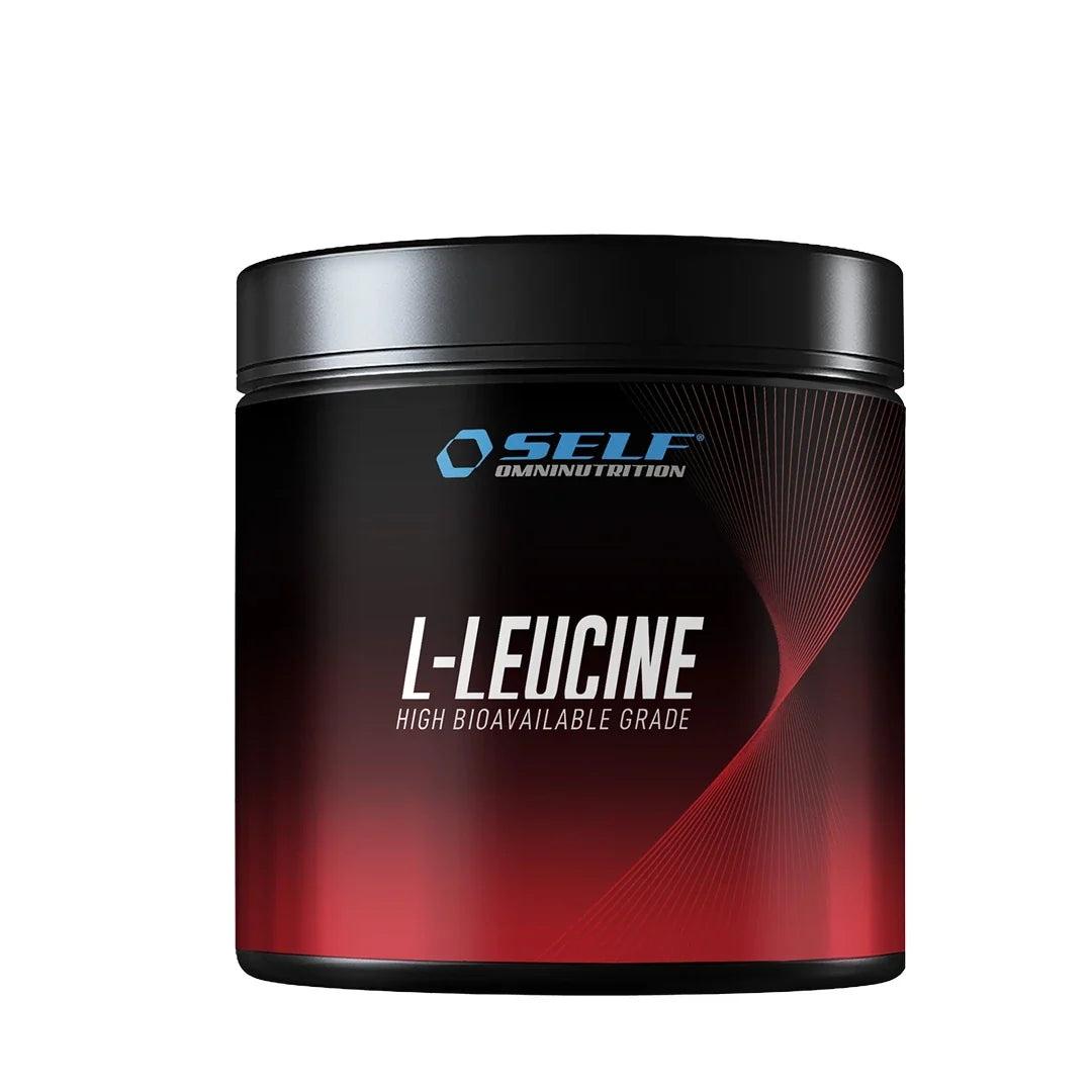 Self Omninutrition Leucine 200 g, ett smakfritt L-leucin-kosttillskott förpackat i en svart burk med röda detaljer., bild 1 av 1