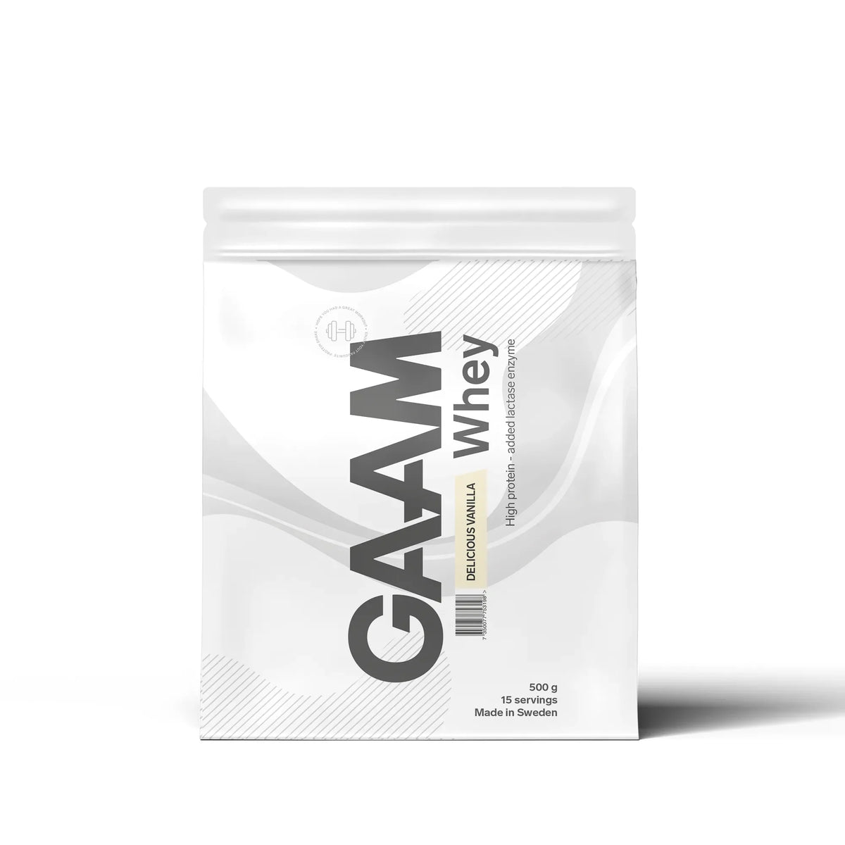 GAAM Whey 500 g proteinpulver i en vit och grå påse för smaken Delicious Vanilla.