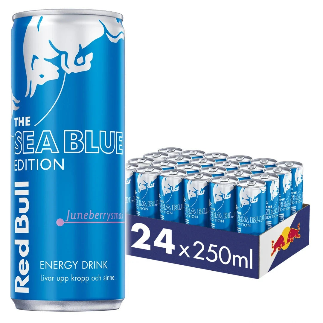 24 x Red Bull Energidryck 250 ml Sea Blue Edition - Juneberry i ett flak med matchande klarblå och silvriga burkar.