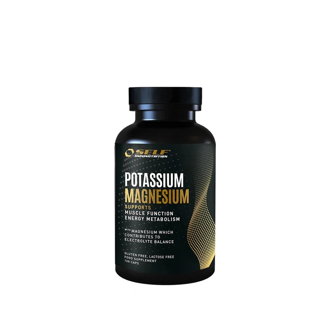 Self Omninutrition Potassium-Magnesium 120 caps, en svart burk med guldiga detaljer och vit text., bild 1 av 1