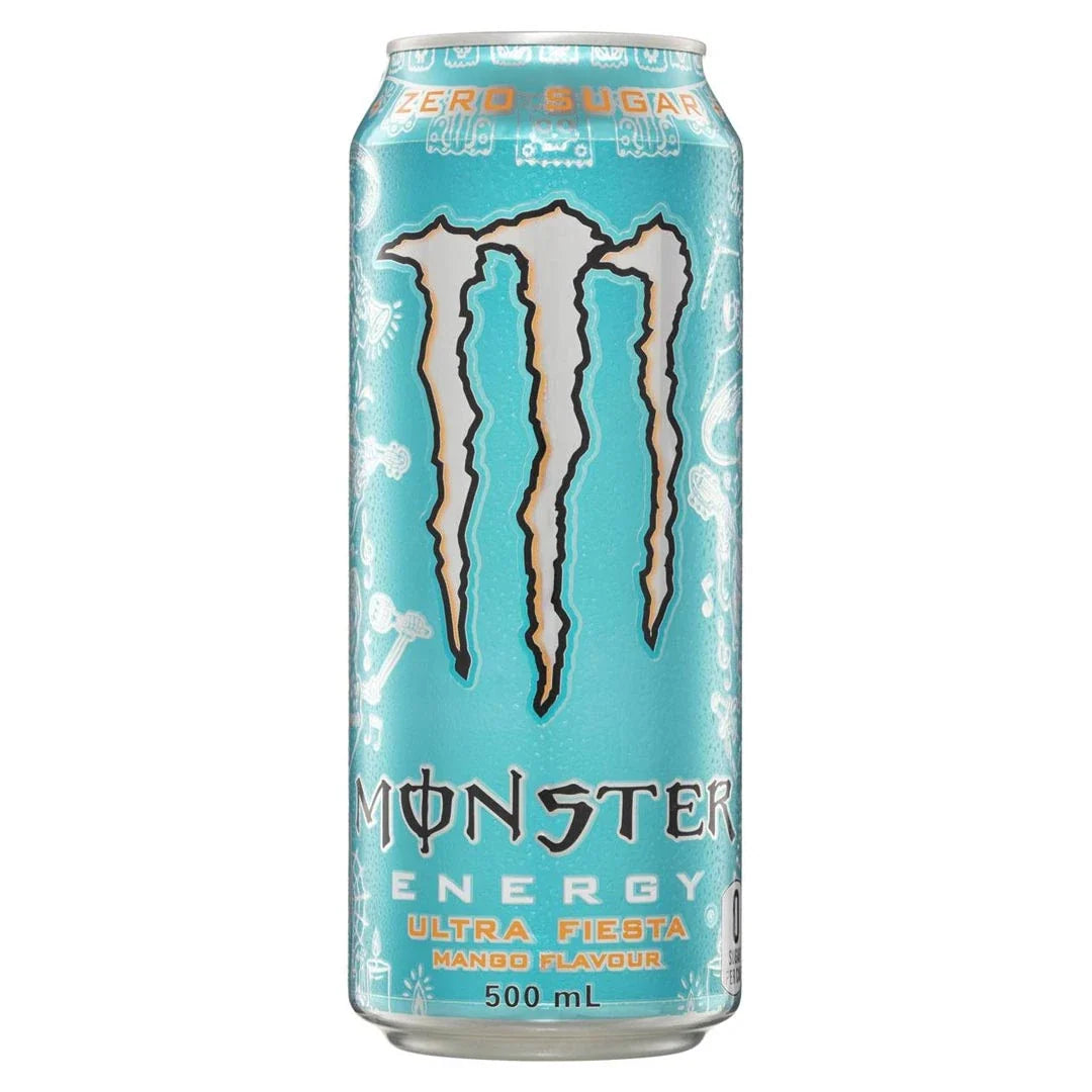 Monster Energy 500 ml i en turkos metallburk med vita detaljer för den sockerfria smaken Ultra Fiesta Mango.