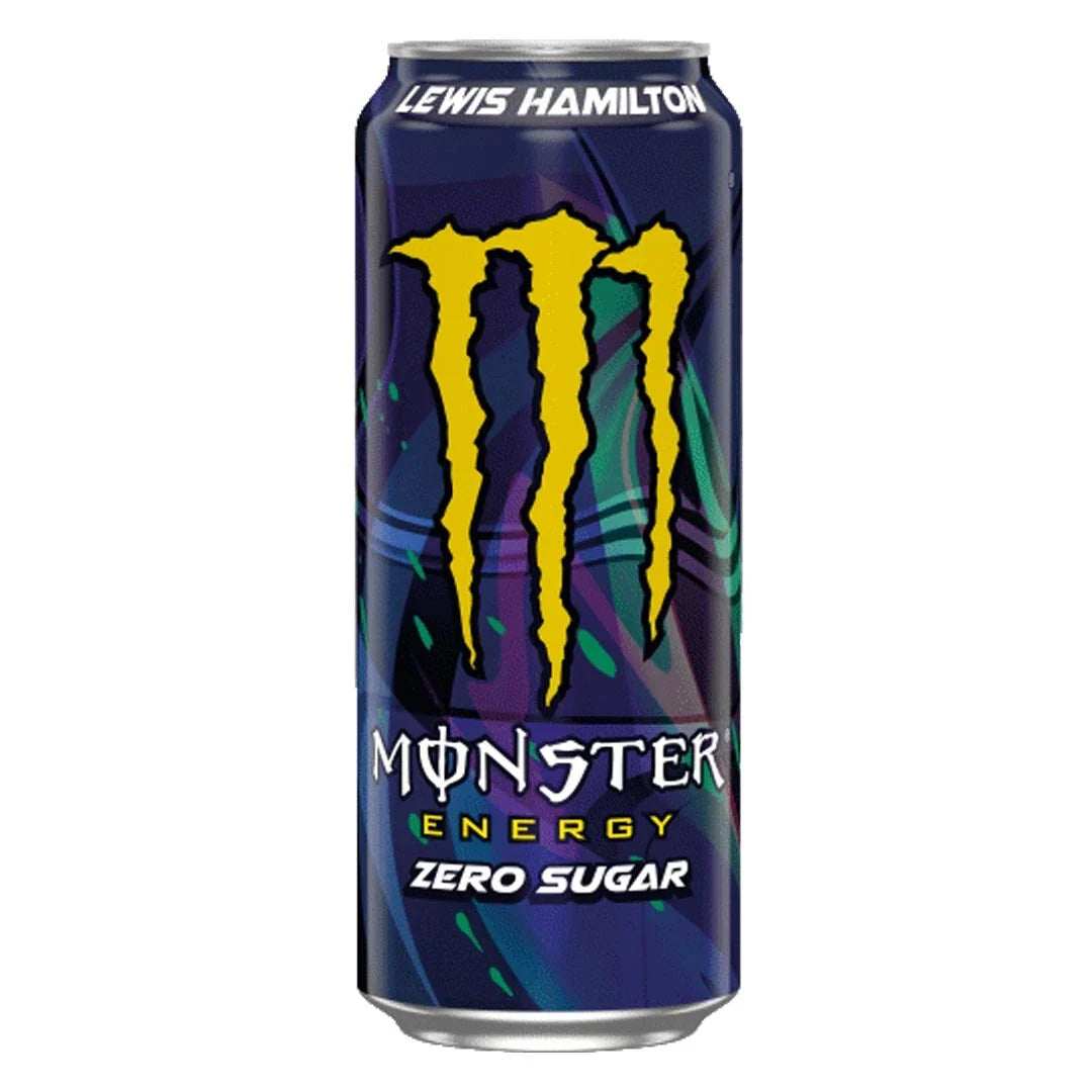 Monster Energy 500 ml i en mörkblå burk med gult m-märke för smaken Lewis Hamilton Zero Sugar., bild 5 av 20
