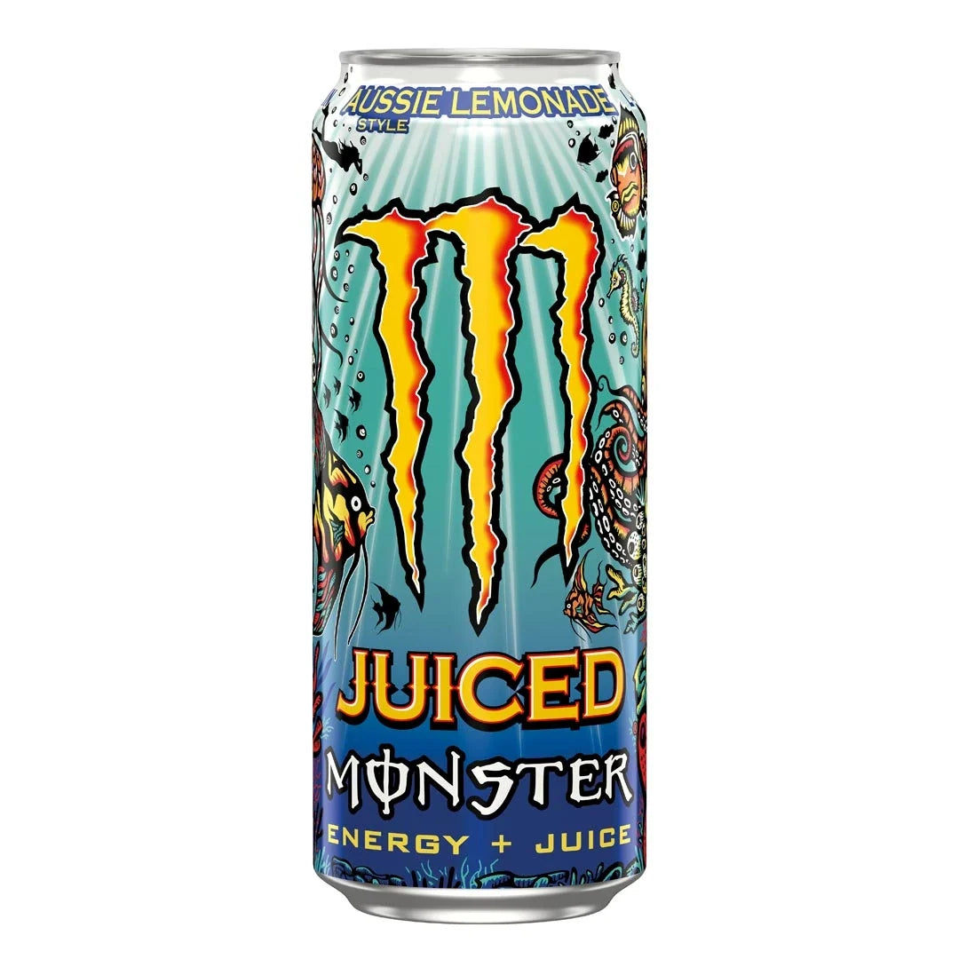 Monster Energy 500 ml i en ljusblå burk med undervattensmotiv för smaken Aussie Lemonade., bild 7 av 20