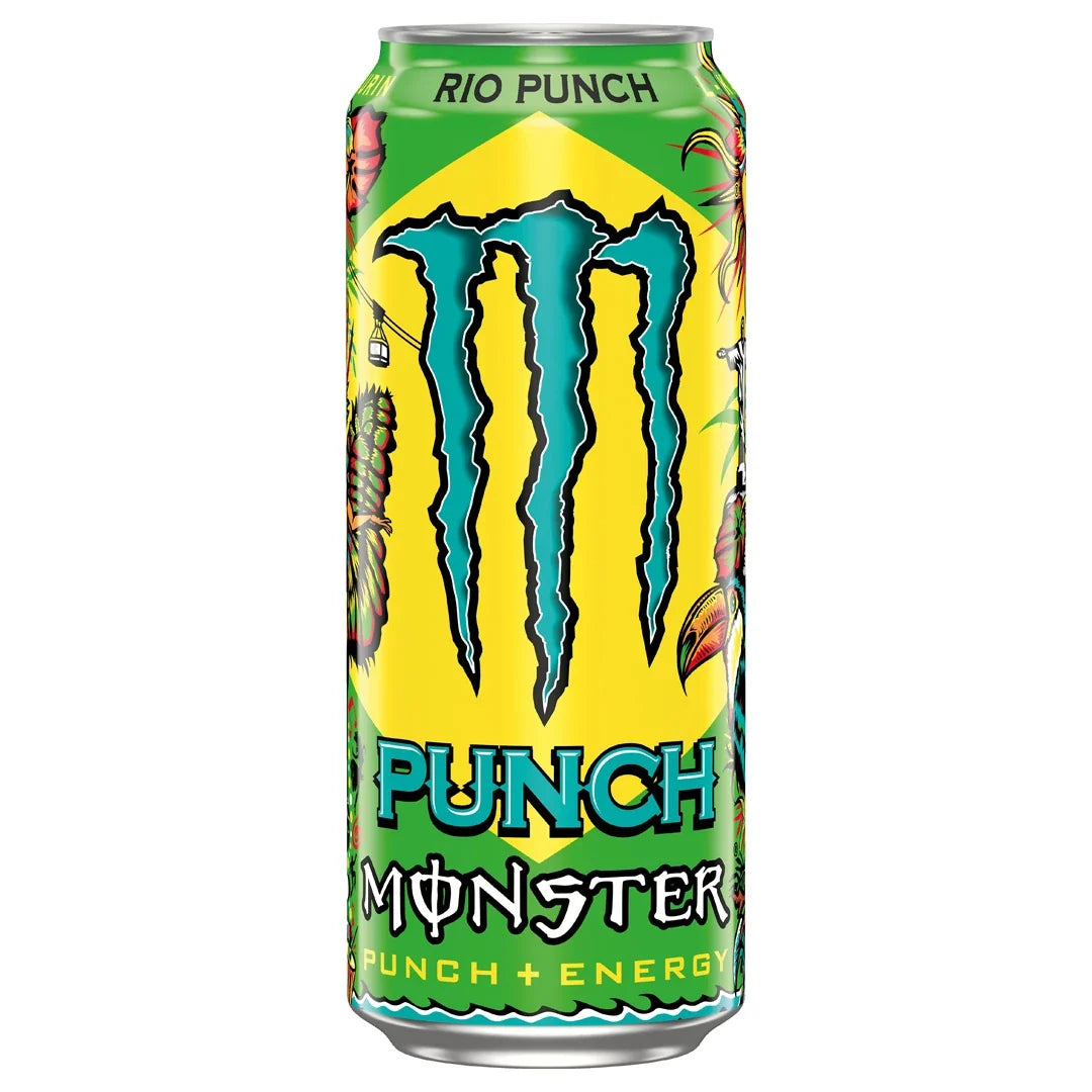Monster Energy 500 ml kolsyrad dryck i en gul och grön burk för smaken Juiced Rio Punch., bild 13 av 20