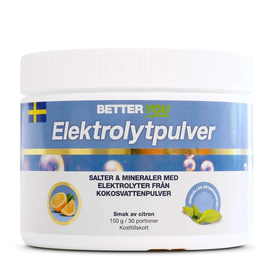 Better You Elektrolytpulver 150 g i en vit burk med blå etikett för smaken Citron., bild 1 av 3