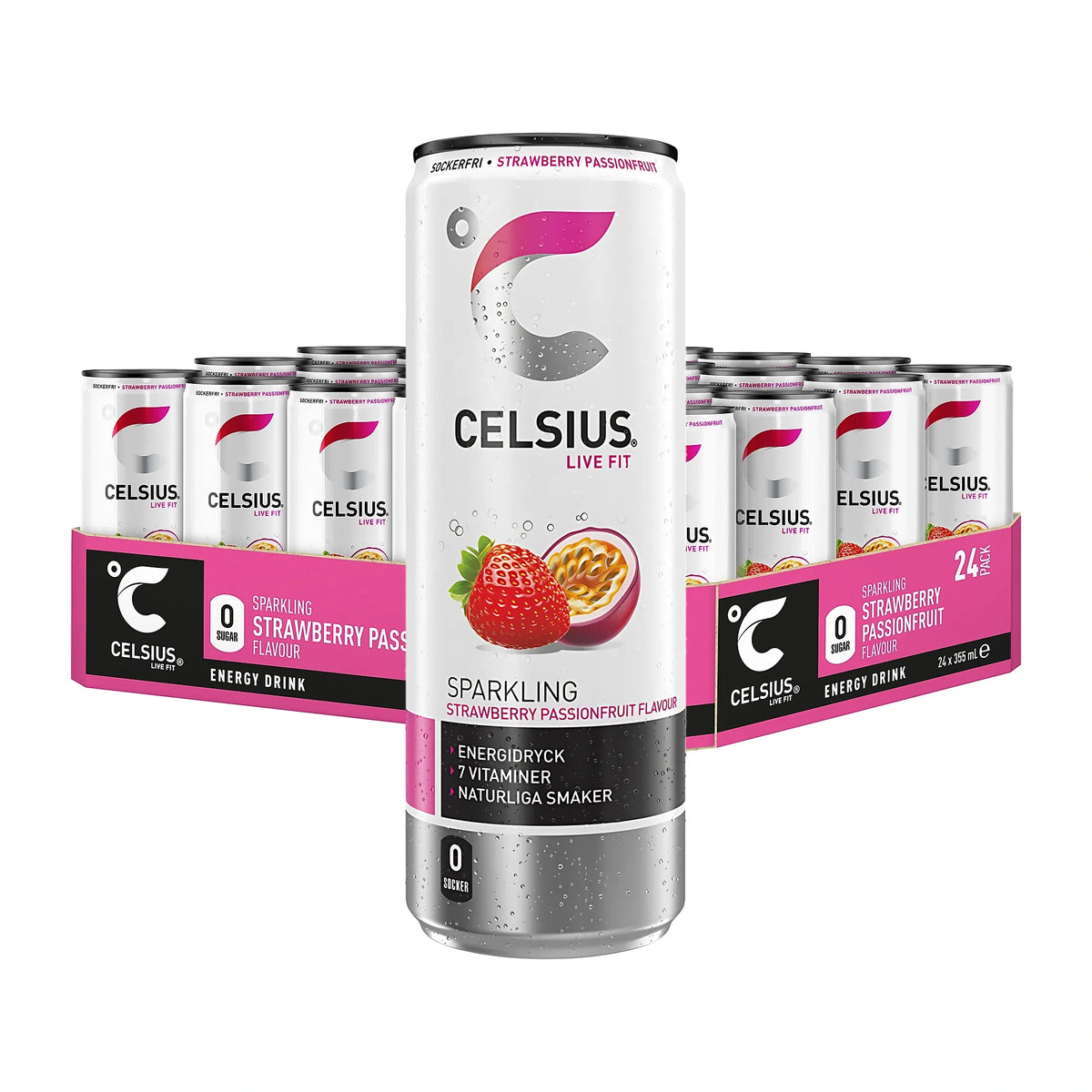 24 x Celsius 355 ml Strawberry Passionfruit i ett rosa flak med matchande vita burkar och rosa fruktdetaljer.
