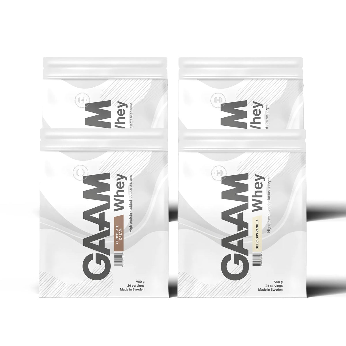 4 x GAAM Whey 900 g proteinpulver i fyra vita påsar för olika smaker som Chocolate Dream och Delicious Vanilla., bild 1 av 1