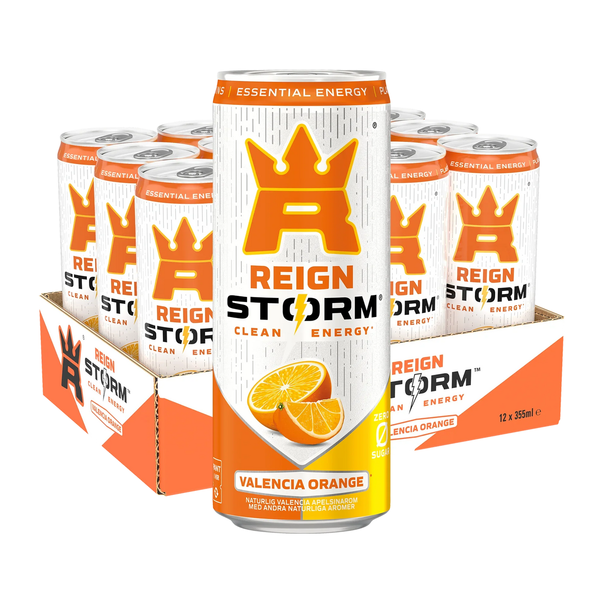 12 x Reign Storm Energy 355 ml Valencia Orange i ett gult och vitt flak med matchande burkar., bild 1 av 1