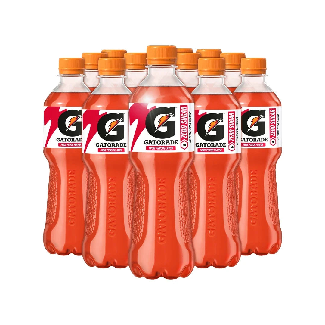 12 x Gatorade 500 ml Fruit Punch Zero i transparenta plastflaskor med röd sportdryck och orange skruvkork.