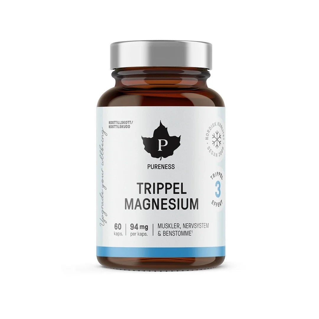 En brun burk med silvrigt lock innehållande Pureness Trippel Magnesium 60 caps kosttillskott med en vit och ljusblå etikett., bild 1 av 1