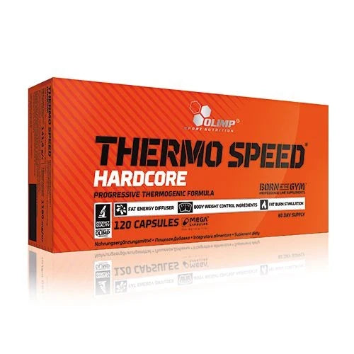Olimp Thermo Speed Hardcore 120 caps fettförbrännare i en rektangulär orange kartong med svarta och vita textdetaljer., bild 1 av 1