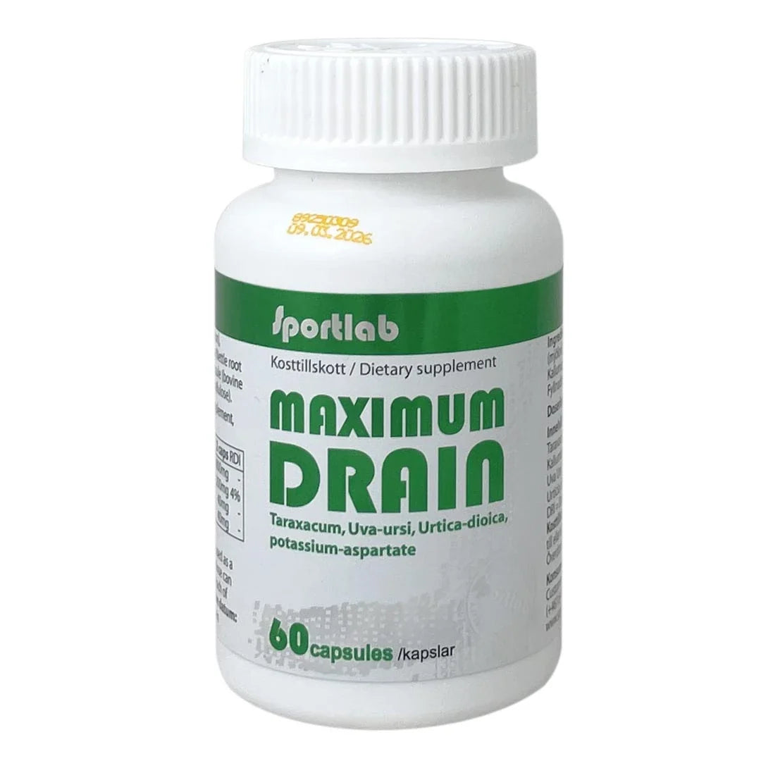 Sportlab Maximum Drain 60 caps, ett vätskedrivande kosttillskott i en vit burk med grön text., bild 1 av 1