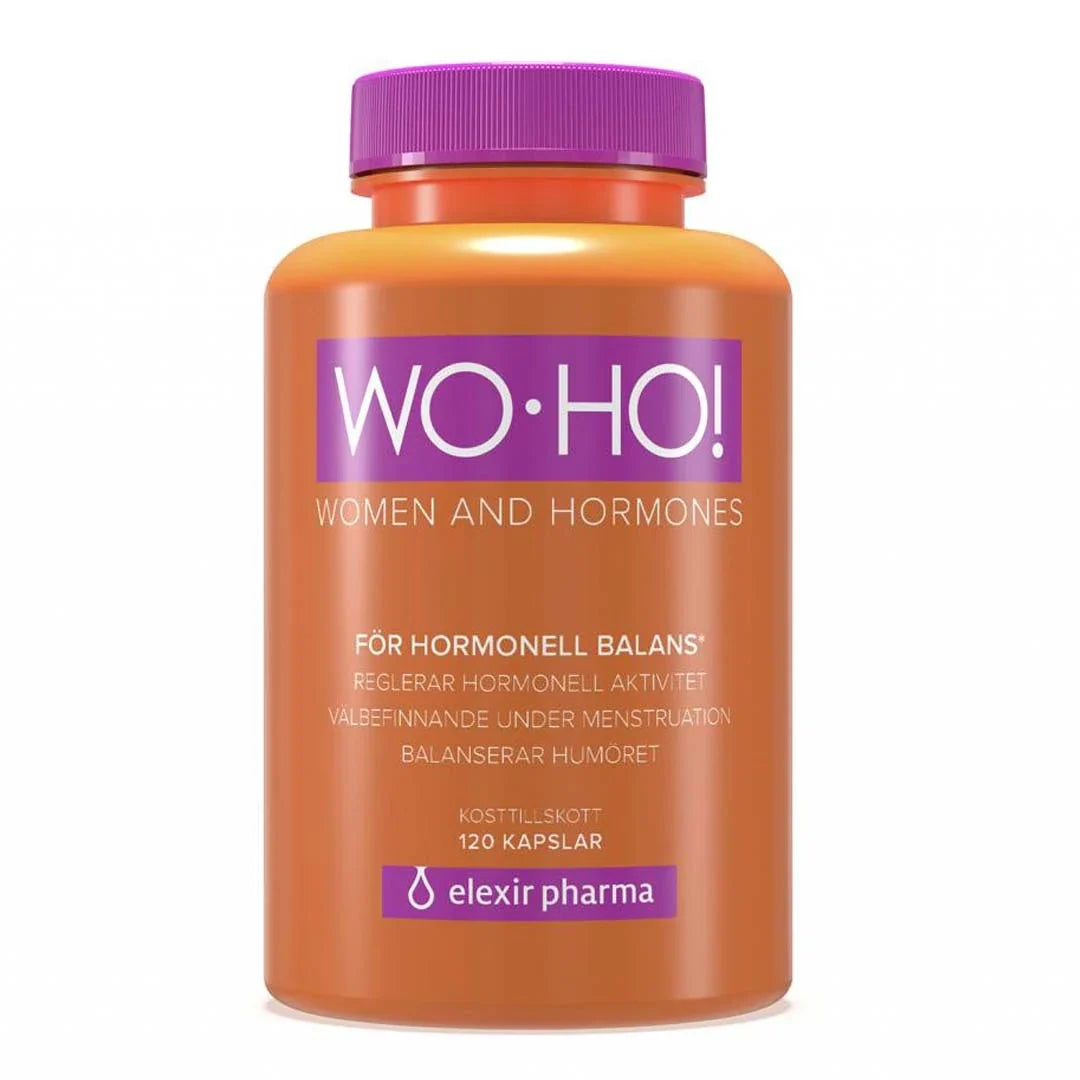 En orange burk med lila lock som innehåller Elexir Pharma WoHo! 120 caps, ett kosttillskott för hormonell balans hos kvinnor., bild 1 av 1