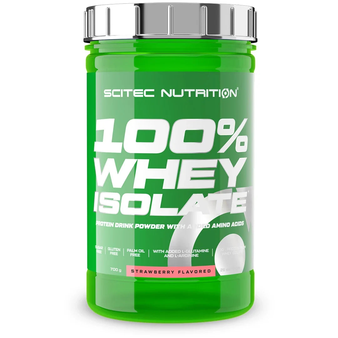 Scitec Nutrition 100% Whey Isolate 700 g proteinpulver i en grön burk med silvrigt lock för smaken Strawberry., bild 6 av 7