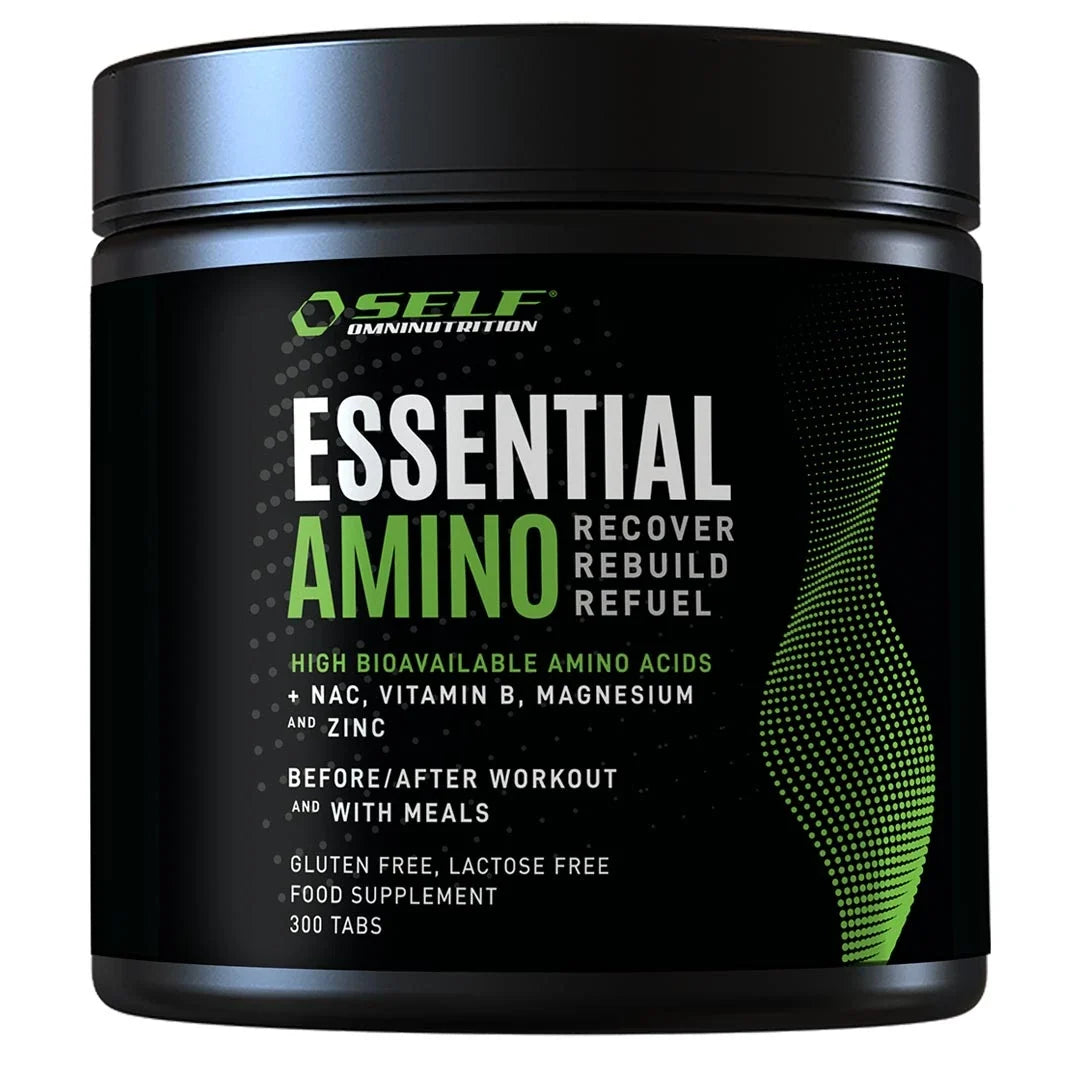 Self Omninutrition Essential Amino 300 tabs aminosyror i en svart burk med gröna detaljer., bild 1 av 1