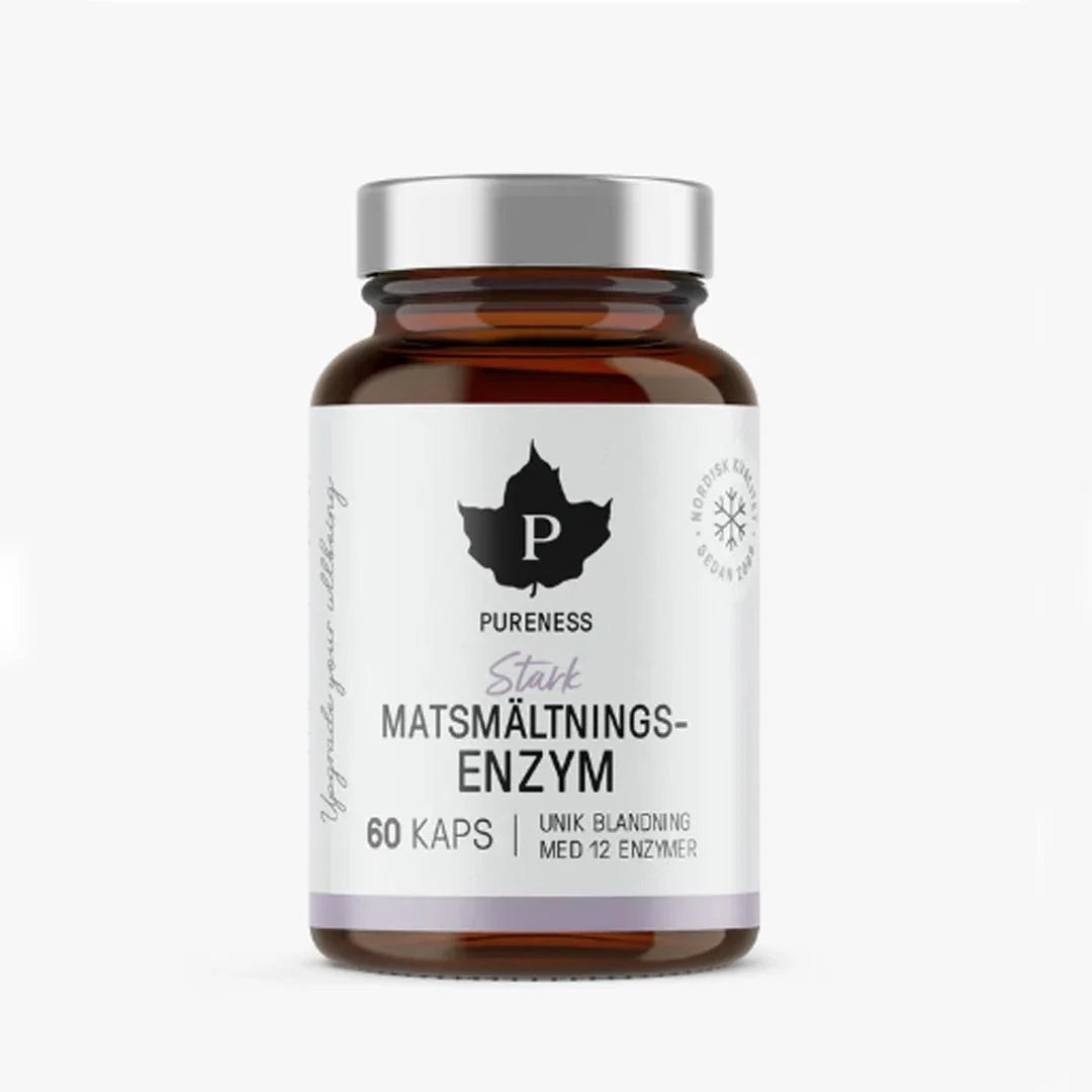 Brun glasburk med Pureness Starkt Matsmältningsenzym 60 caps för optimerad matsmältning, vit etikett med silverlock., bild 1 av 1
