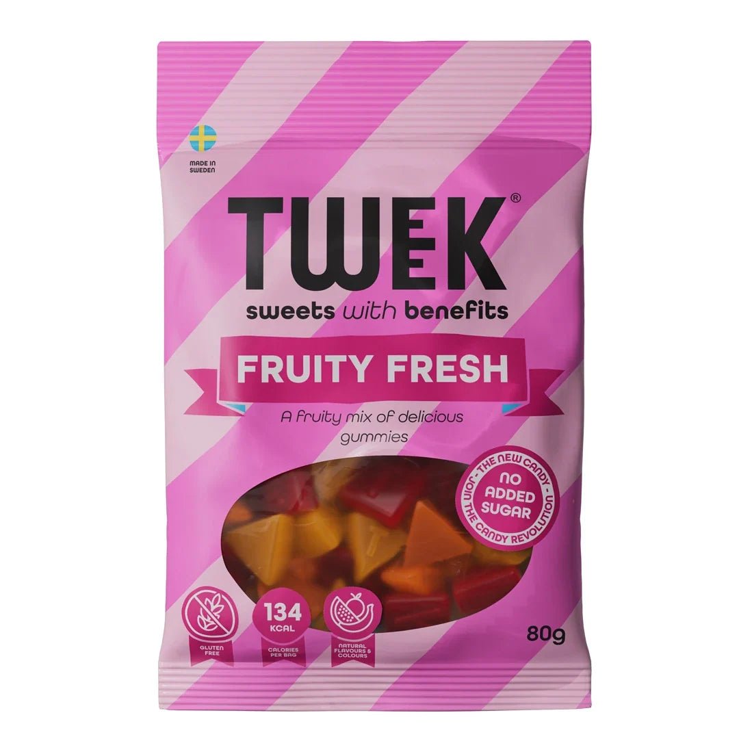 Tweek Sweets 80 g Fruity Fresh godis, en rosa randig påse med fönster som visar färgglada gelébitar inuti., bild 1 av 7