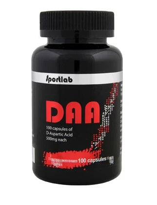 Sportlab DAA Natural Testobooster 100 caps, kosttillskott i en svart burk med röda och silvriga grafiska detaljer., bild 1 av 1