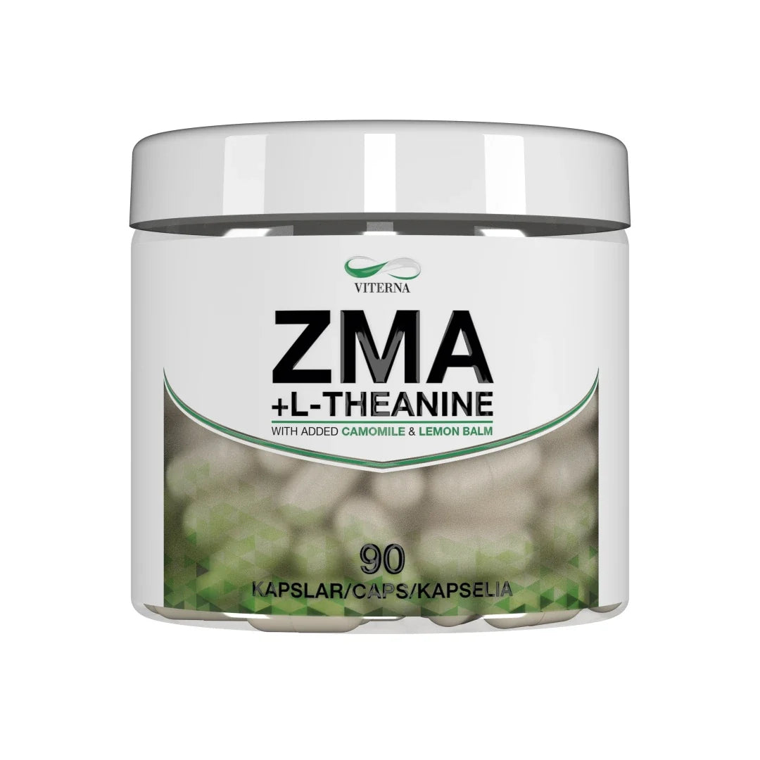 Viterna Vital ZMA + L-Theanine 90cps kosttillskott i en vit burk med gröna detaljer., bild 1 av 1