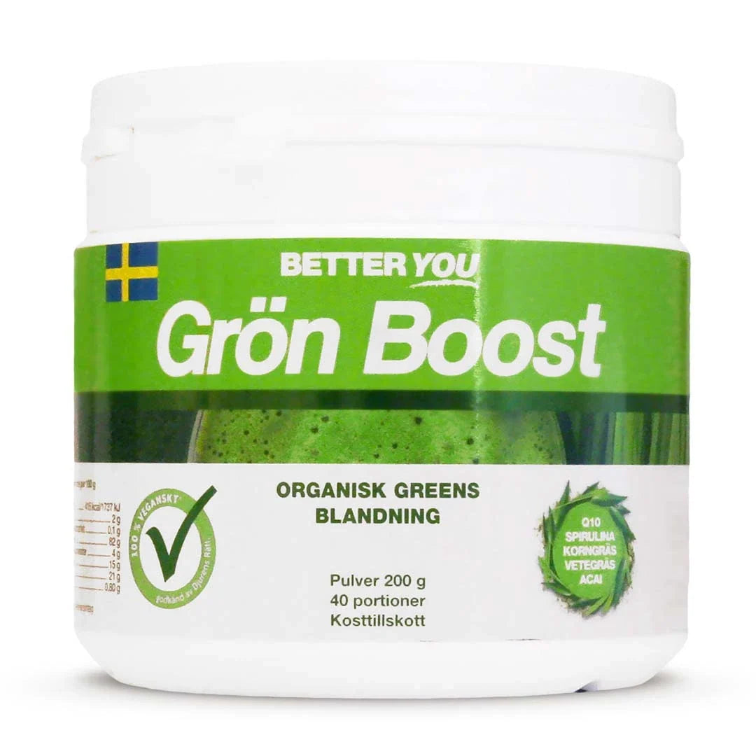 Better You Grön Boost Pulver 200 g, en vegansk greensblandning förpackad i en vit plastburk med grön etikett.