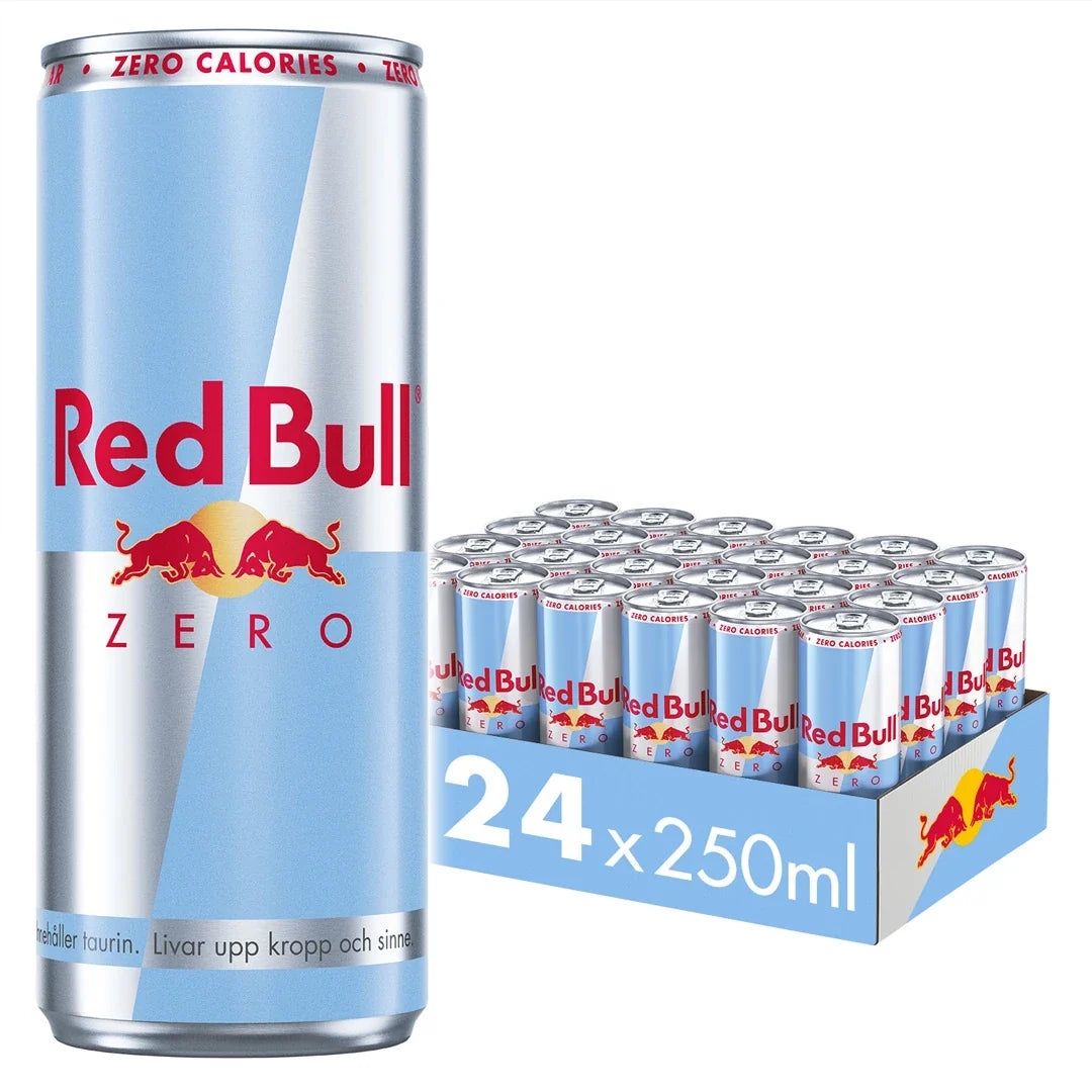 24 x Red Bull Energidryck 250 ml ZERO i ett flak med silver- och ljusblå burkar., bild 1 av 1