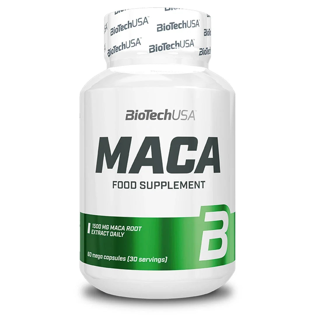 BioTechUSA MACA 60 caps prestationsökande kosttillskott i en vit burk med gröna detaljer., bild 1 av 1