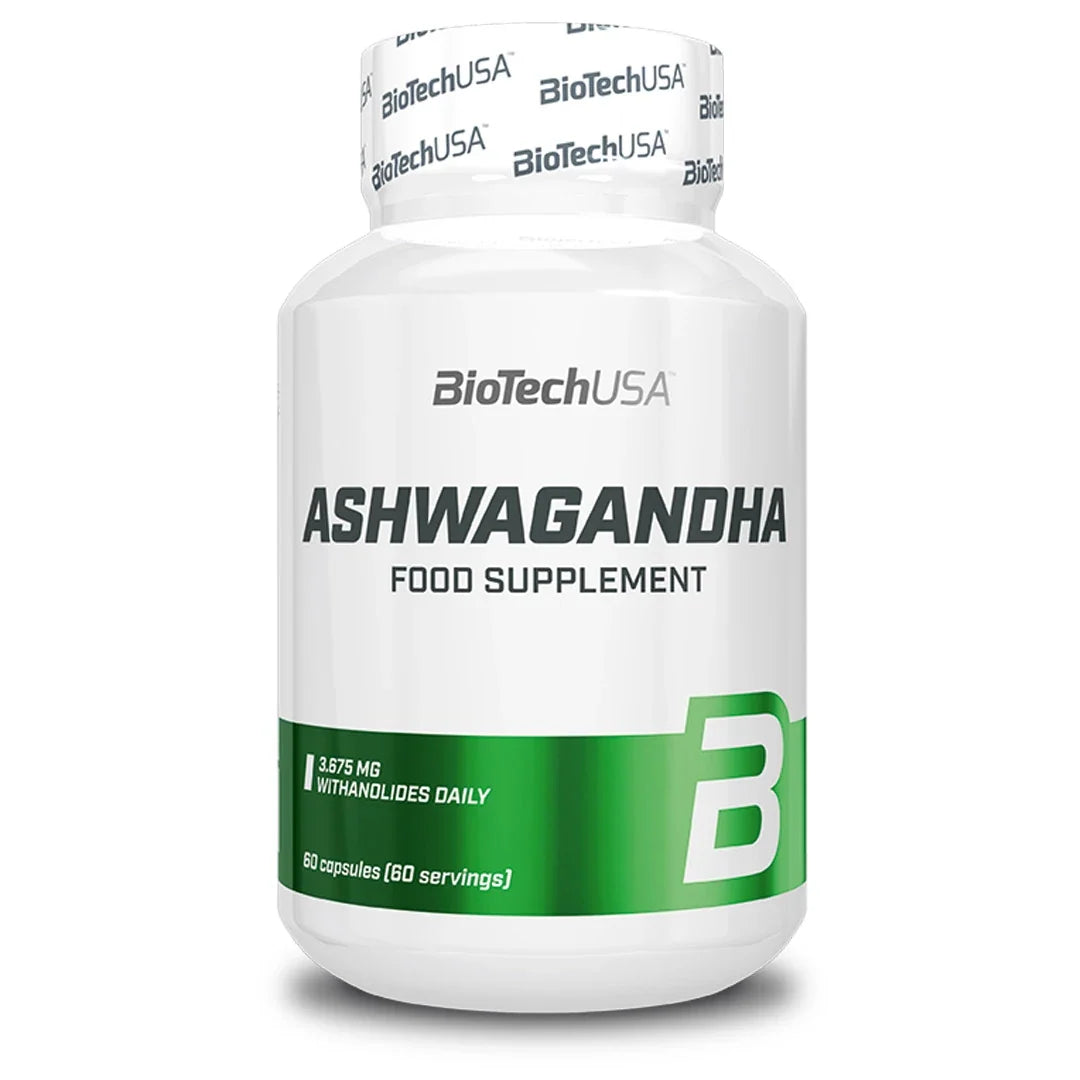 BioTechUSA Ashwagandha 60 caps kosttillskott i en vit burk med gröna detaljer., bild 1 av 1