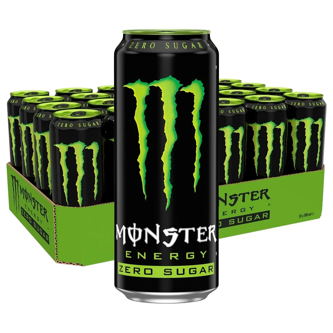 24 x Monster Energy 500 ml Green Zero Sugar energidryck i ett grönt flak fyllt med svarta burkar med grön logotyp., bild 1 av 1