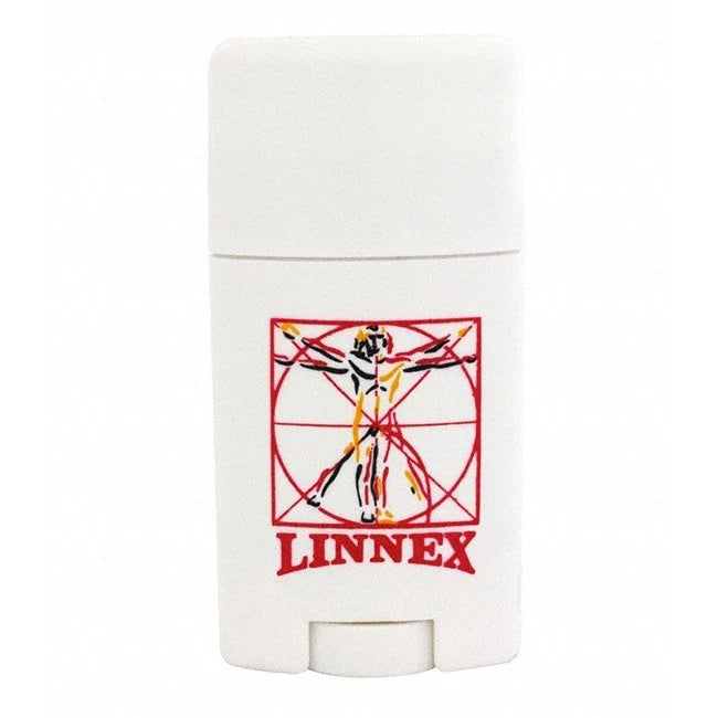 Linnex Liniment Stick 50 g, ett vitt linimentstift med röd logotyp för lindring av muskel- och ledvärk.