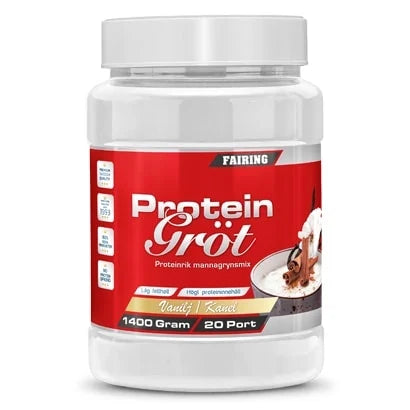 En vit burk med röda detaljer innehållande Fairing Proteingröt 1.4 kg i smaken vanilj och kanel., bild 2 av 2