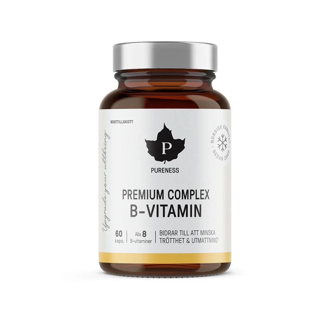 Pureness Premium Complex B-Vitamin 60 caps förpackad i en brun burk med silverlock och vit etikett., bild 1 av 1