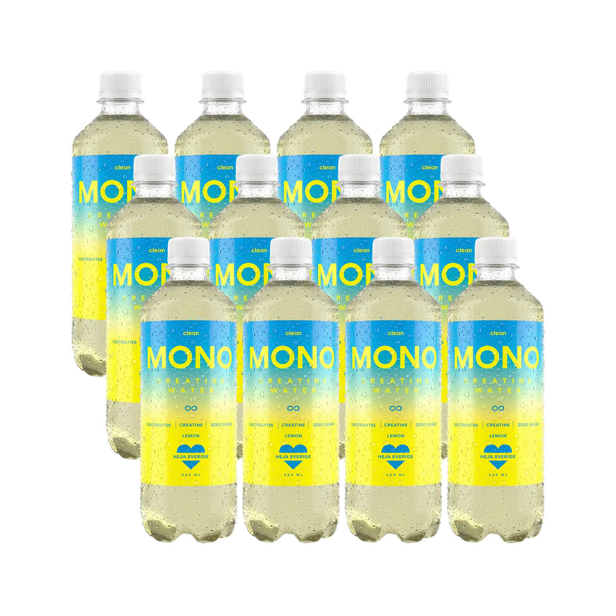 12 x Clean MONO Creatine Water 500 ml Lemon funktionsdryck i tolv genomskinliga flaskor med blå etikett och grå kork., bild 1 av 1