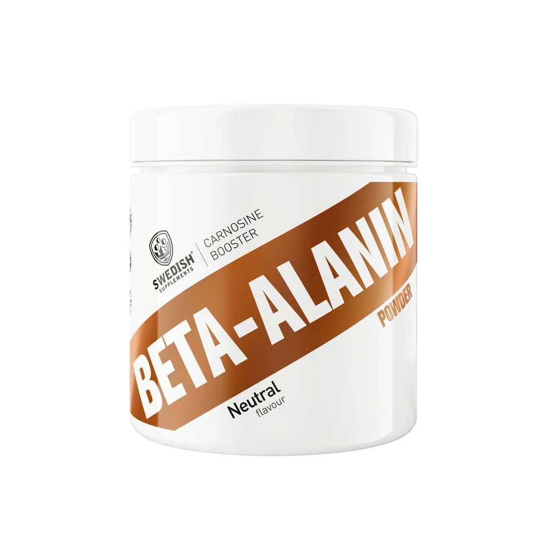 Swedish Supplements Beta-alanin 300 g pulver i en vit burk med kopparfärgad diagonal banderoll och texten Neutral flavour., bild 1 av 1