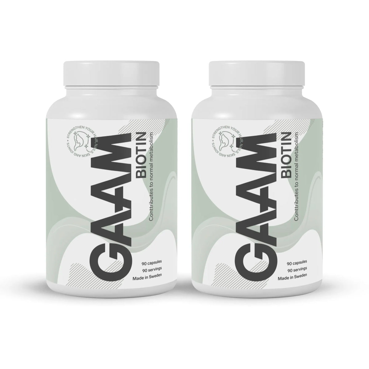 GAAM Biotin 180 caps i två vita burkar med ljusgröna och gråa detaljer på etiketterna.