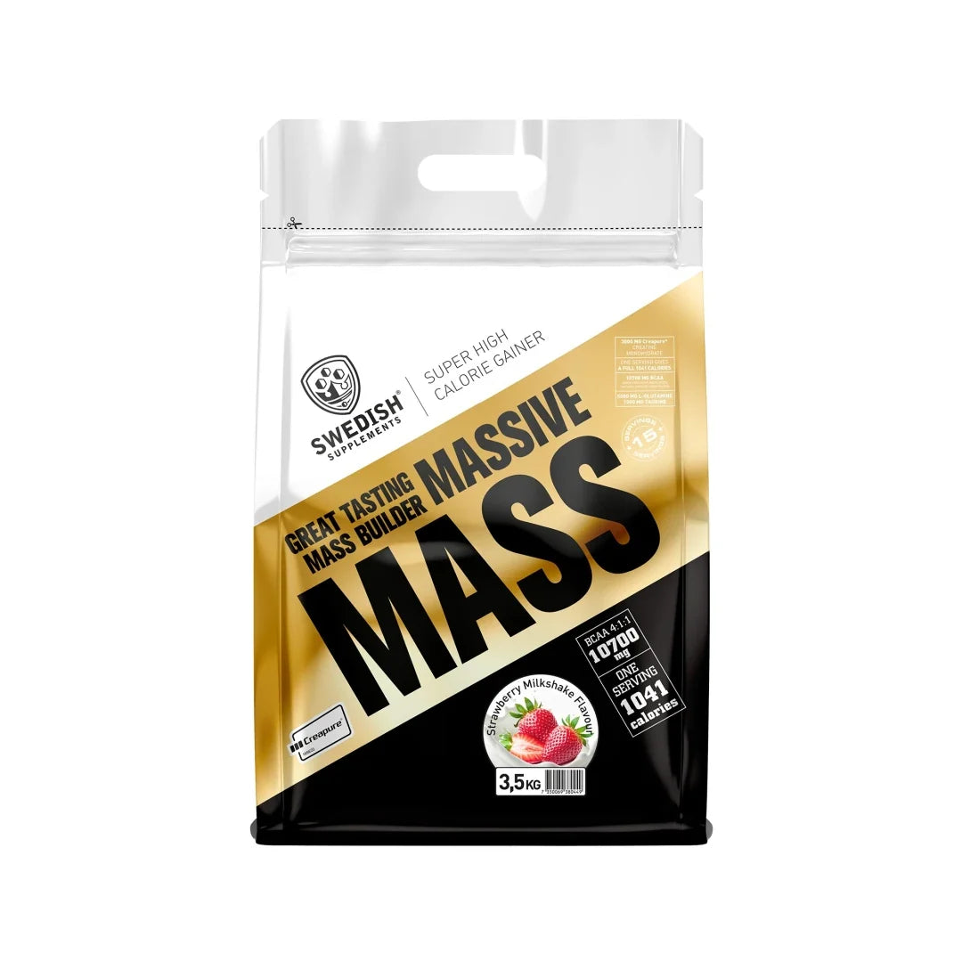 Swedish Supplements Massive Mass 3.5 kg gainer i en vit, guld och svart påse med smaken Strawberry Milkshake., bild 1 av 1