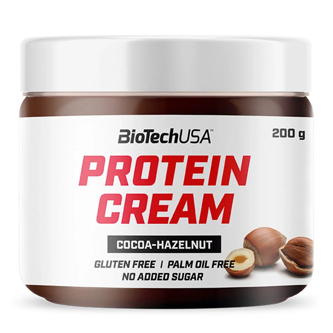 BioTechUSA Protein Cream 200 g, krämigt nötsmör med choklad- och hasselnötssmak i en transparent burk med vit etikett., bild 1 av 1